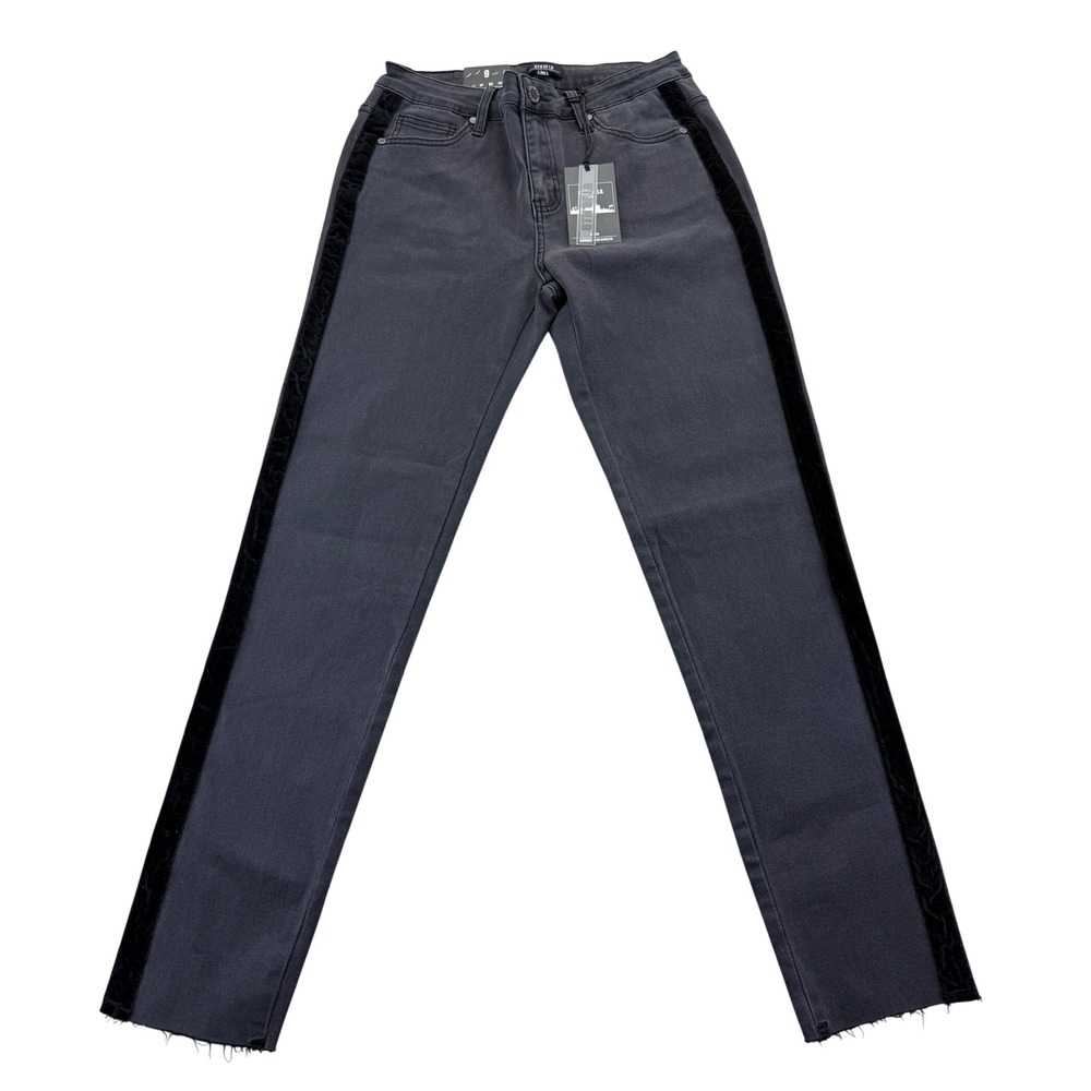 8th of LA Jeans Women 9 Black Velvet Side Stripe Raw Hem Faded Straight Leg